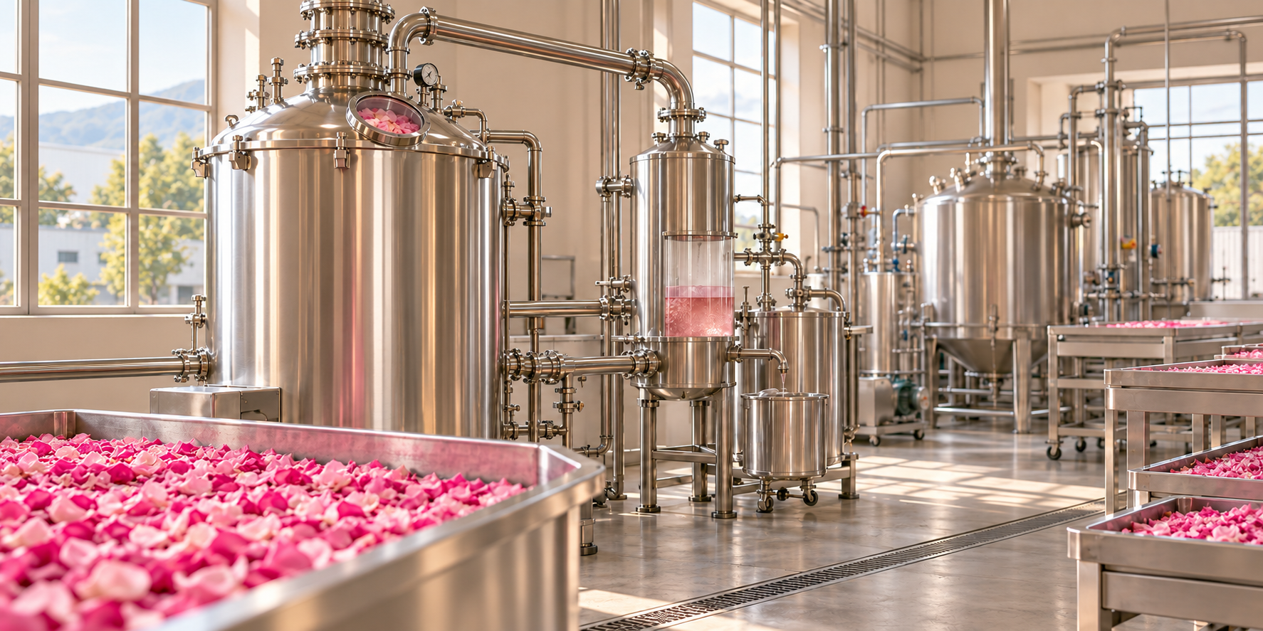 Illustrative rose ingredient production line with processing tanks