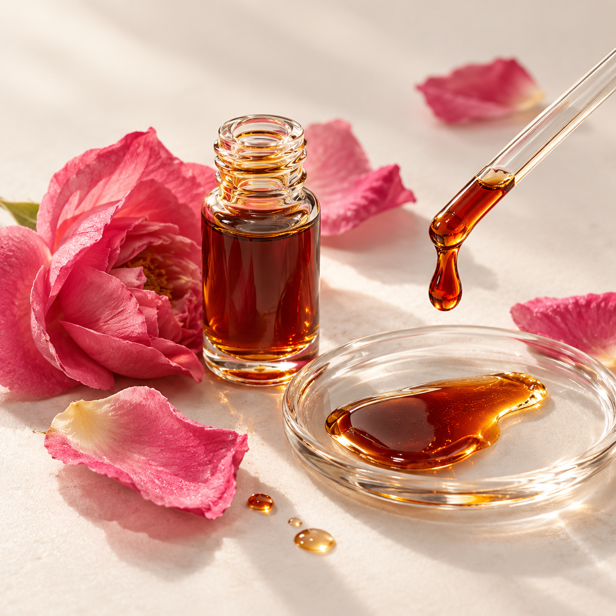 Rose aromatic extract and petals in an ingredient still life