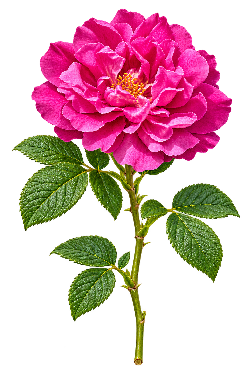 Illustrated complete Pingyin rose sprig with a fully open magenta flower, green stem and serrated leaves