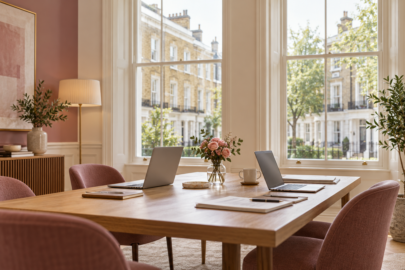 Illustrative UK office scene with a meeting table and London townhouse windows